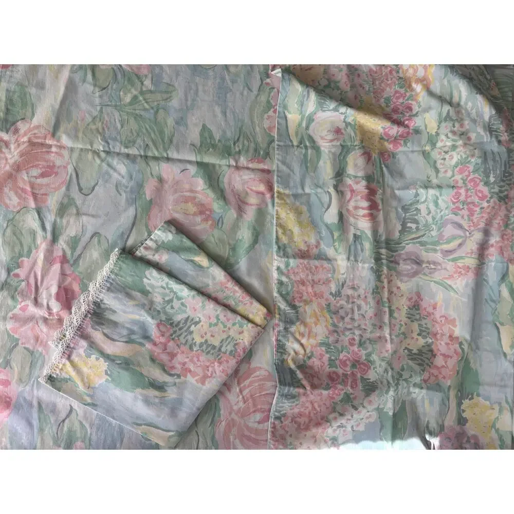 King Sheet Set Claude Monet Floral Waterlily Pastel Lace USA Atelier Martex VTG